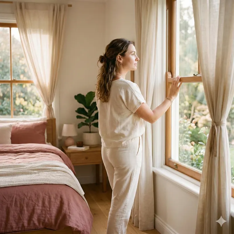 Frau im warmen Morgenlicht — Selbstvertrauen und Wohlbefinden